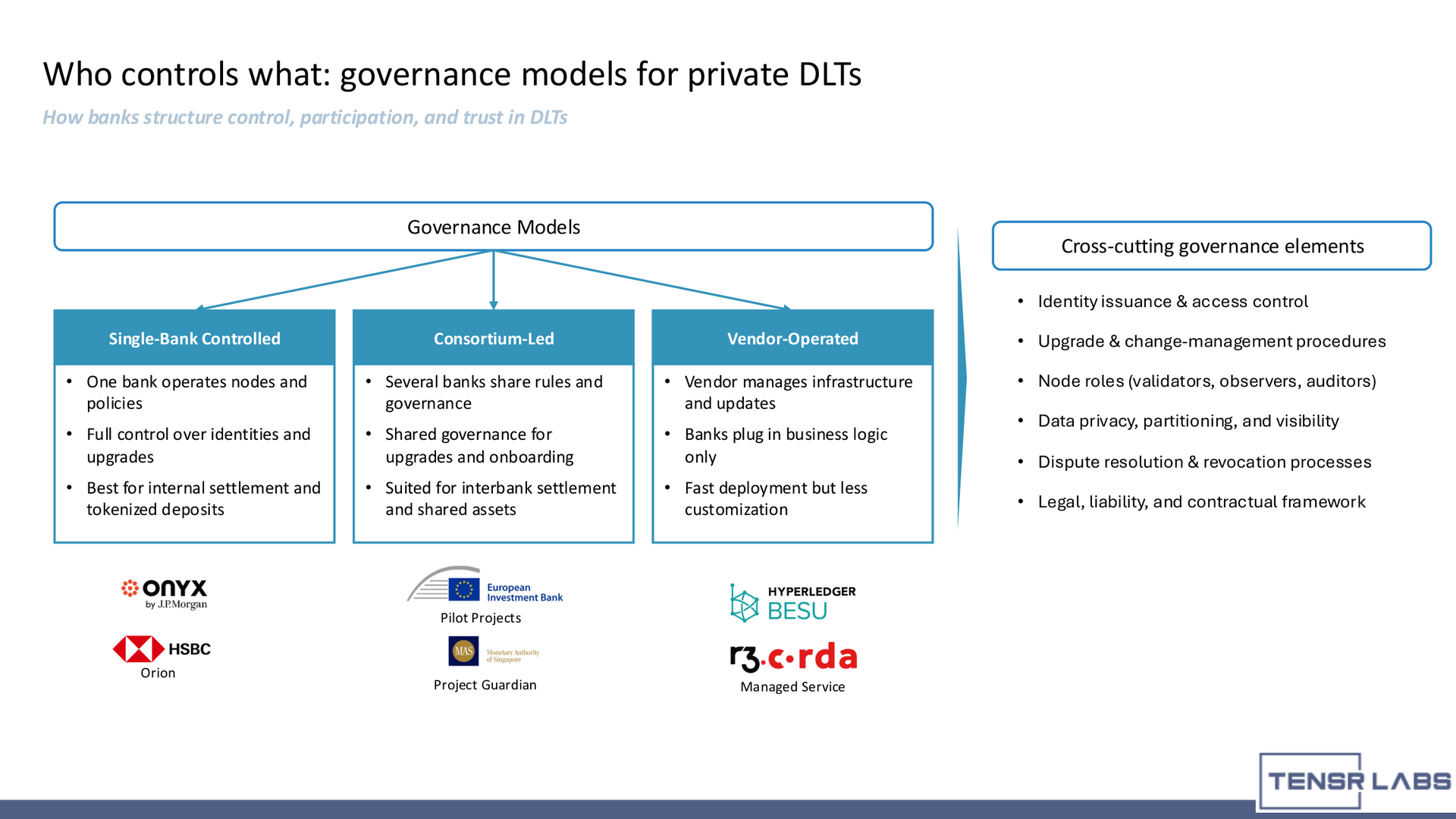 private blockchain infrastructure - Governance models for private DLT networks: single-bank, consortium-led, and vendor-operated.